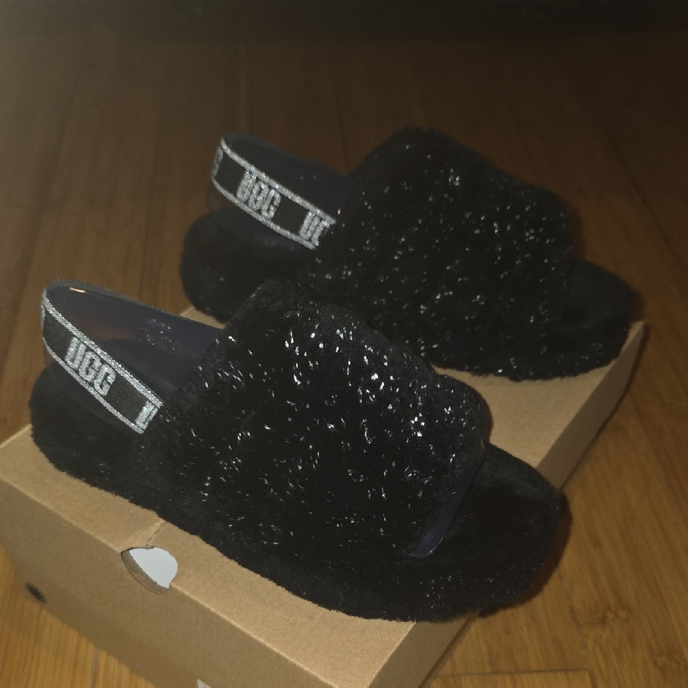 UGG Black Fluffy Slide Sandals